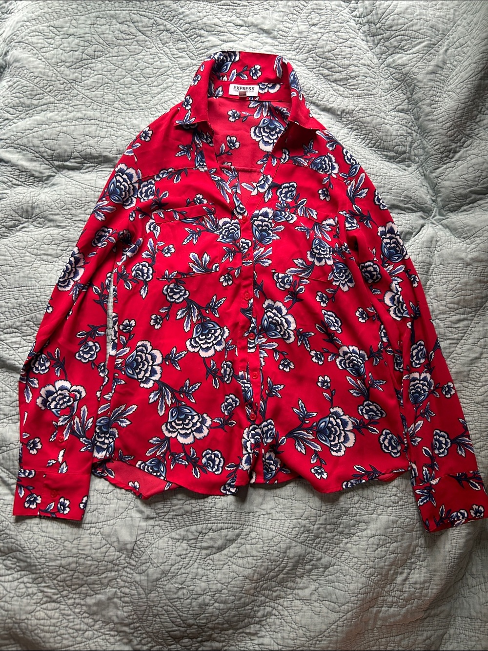 Express Women's Red Floral Button-Down Shirt with Navy and White Accents